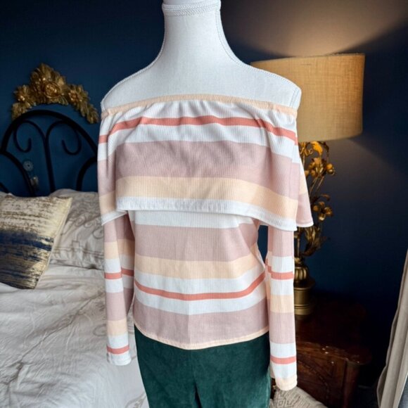 BooHoo Peach Striped Off the Shoulder Long Sleeved Top - Picture 4 of 8